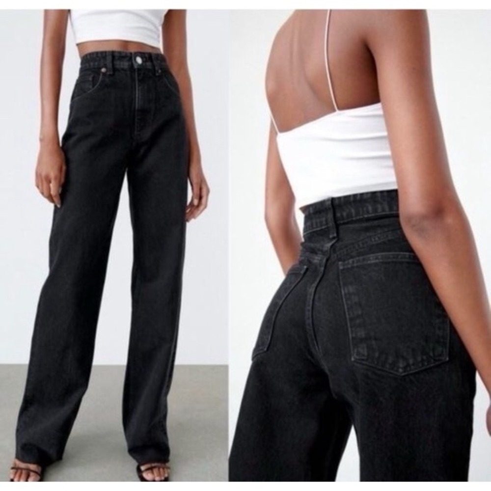 Zara High Rise Waisted Wide Leg‎ Raw Hem Black Denim Jeans Women's Size 14